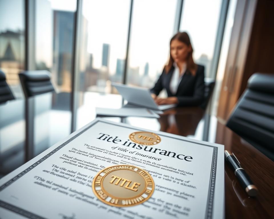 A close-up of a streamlined office desk showcasing an open title insurance document with an elegant, gold embossed seal and a pen beside it. In the foreground, the document's details, such as intricate borders and official language, are clearly visible. The middle ground features a soft-focus view of a professional woman in business attire, reviewing the document thoughtfully, framed by a modern office environment with floor-to-ceiling windows illustrating a city skyline in the background. Natural light filters into the room, casting gentle reflections on the polished desk surface. The atmosphere conveys a sense of security and professionalism, emphasizing the importance of title insurance in real estate transactions. A close-up of a streamlined office desk showcasing an open title insurance document with an elegant, gold embossed seal and a pen beside it. In the foreground, the document's details, such as intricate borders and official language, are clearly visible. The middle ground features a soft-focus view of a professional woman in business attire, reviewing the document thoughtfully, framed by a modern office environment with floor-to-ceiling windows illustrating a city skyline in the background. Natural light filters into the room, casting gentle reflections on the polished desk surface. The atmosphere conveys a sense of security and professionalism, emphasizing the importance of title insurance in real estate transactions.