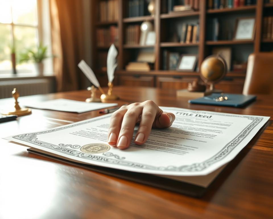 A detailed title deed displayed prominently on a polished wooden desk, showcasing its ornate border and embossed seal. The foreground features a hand gently resting on the document, with neatly manicured fingers, suggesting ownership and care. In the middle ground, a softly lit setting with a few subtle legal items such as a quill, ink pot, and a small globe, adding context to the theme of property ownership. The background offers a glimpse of a well-organized office, with shelves lined with books and framed certificates, illustrating professionalism. Natural light filters through a window, casting a warm glow across the scene, creating a serene and authoritative atmosphere, ideal for understanding the significance of a title deed. A detailed title deed displayed prominently on a polished wooden desk, showcasing its ornate border and embossed seal. The foreground features a hand gently resting on the document, with neatly manicured fingers, suggesting ownership and care. In the middle ground, a softly lit setting with a few subtle legal items such as a quill, ink pot, and a small globe, adding context to the theme of property ownership. The background offers a glimpse of a well-organized office, with shelves lined with books and framed certificates, illustrating professionalism. Natural light filters through a window, casting a warm glow across the scene, creating a serene and authoritative atmosphere, ideal for understanding the significance of a title deed.