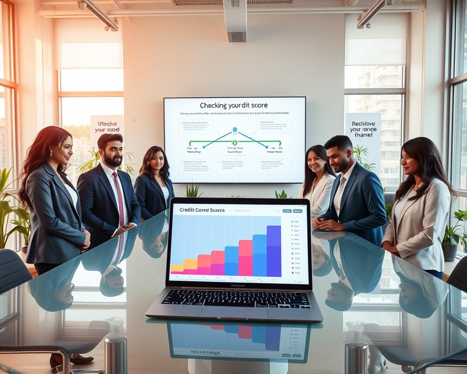 A modern office workspace designed to highlight the process of checking a credit score. In the foreground, a diverse group of professionals, dressed in business attire, are gathered around a sleek, glass desk with a laptop displaying a colorful, engaging graph of credit scores. The middle ground shows a large screen on the wall illustrating a workflow diagram with steps to improve credit scores, surrounded by potted plants and motivational posters about finance. The background features large windows allowing natural light to flood the room, creating a bright and positive atmosphere. The scene should evoke a sense of productivity, teamwork, and empowerment, with soft, warm lighting to enhance the inviting mood.