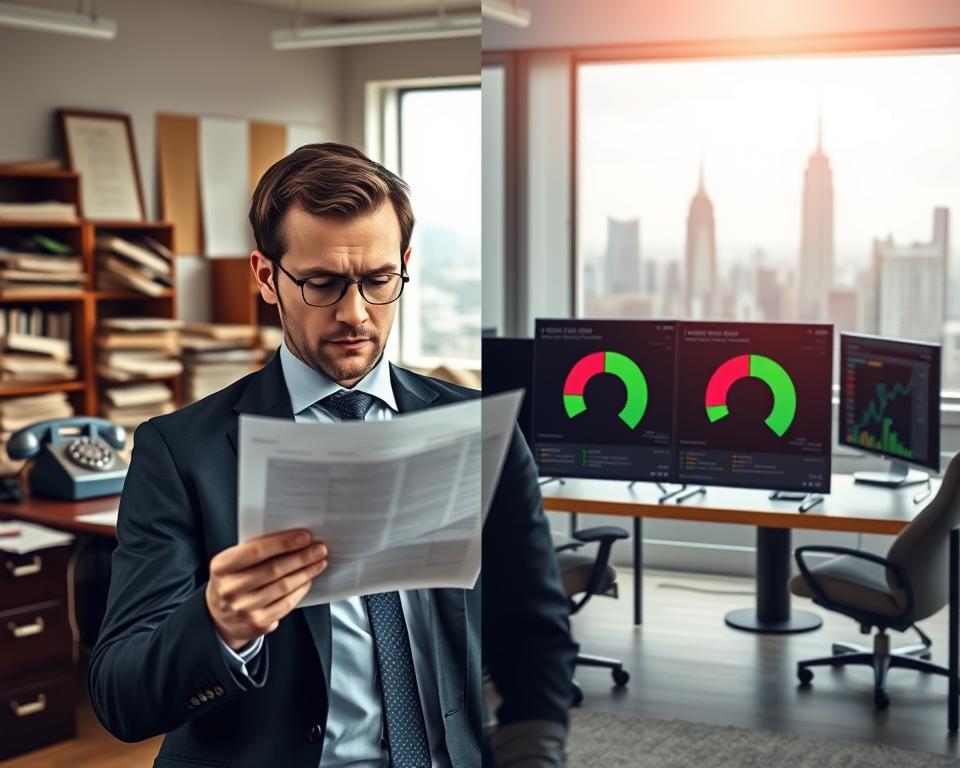 A split-scene image representing the concept of credit rating evolution. In the foreground, show a professional individual dressed in business attire, analyzing a credit report, with a thoughtful expression. In the middle, depict two contrasting visuals: on the left, an old-fashioned office cluttered with paper files and a rotary phone, symbolizing outdated methods; on the right, a modern workspace with digital screens displaying vibrant, interactive credit score graphs. The background should feature a skyline of a contemporary city, representing progress and financial growth. Use soft natural lighting to create an optimistic atmosphere, with a slight blur on the edges to focus on the central theme of understanding credit ratings through history. A split-scene image representing the concept of credit rating evolution. In the foreground, show a professional individual dressed in business attire, analyzing a credit report, with a thoughtful expression. In the middle, depict two contrasting visuals: on the left, an old-fashioned office cluttered with paper files and a rotary phone, symbolizing outdated methods; on the right, a modern workspace with digital screens displaying vibrant, interactive credit score graphs. The background should feature a skyline of a contemporary city, representing progress and financial growth. Use soft natural lighting to create an optimistic atmosphere, with a slight blur on the edges to focus on the central theme of understanding credit ratings through history.