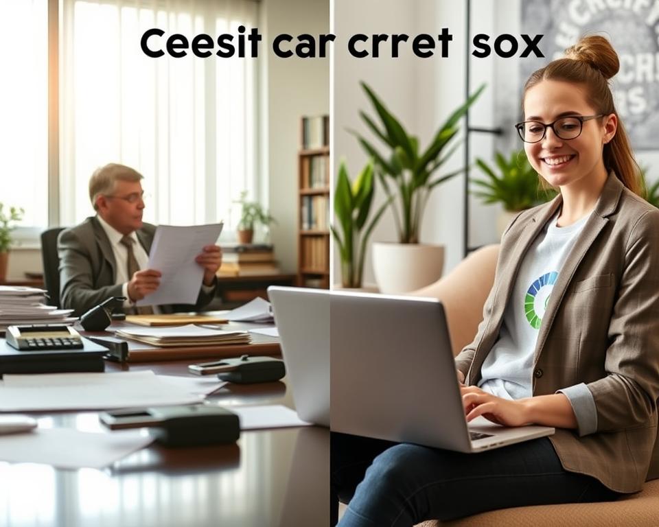 A split-screen image illustrating the concept of checking credit scores: On the left side, an office scene with an individual in professional business attire, looking at an old-fashioned credit report on a desk, surrounded by papers and a vintage calculator. Natural light streams in from a window, casting a soft glow. On the right side, a modern setting featuring a person in smart casual clothing, happily using a laptop while displaying a vibrant, colorful credit score graphic on the screen. The background includes contemporary furniture and houseplants, creating a welcoming atmosphere. The overall mood contrasts the outdated methods of credit checking with a fresh, efficient approach, symbolizing the evolution of financial literacy.