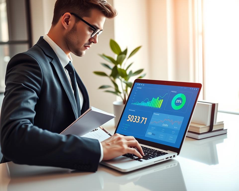 An elegant, modern workspace showcasing a sleek laptop displaying vibrant credit monitoring graphics, such as a rising credit score chart and a dashboard with key metrics. In the foreground, a professional individual in smart business attire intently analyzes the screen, holding a notepad with handwritten notes. The middle layer features a stylish plant and a small stack of financial books beside the laptop, symbolizing growth and knowledge. In the background, a bright window lets in natural light, creating a warm and inviting atmosphere. The scene should convey focus and clarity, with soft shadows and a slightly blurred background to emphasize the subject's engagement with credit monitoring strategies. An elegant, modern workspace showcasing a sleek laptop displaying vibrant credit monitoring graphics, such as a rising credit score chart and a dashboard with key metrics. In the foreground, a professional individual in smart business attire intently analyzes the screen, holding a notepad with handwritten notes. The middle layer features a stylish plant and a small stack of financial books beside the laptop, symbolizing growth and knowledge. In the background, a bright window lets in natural light, creating a warm and inviting atmosphere. The scene should convey focus and clarity, with soft shadows and a slightly blurred background to emphasize the subject's engagement with credit monitoring strategies.